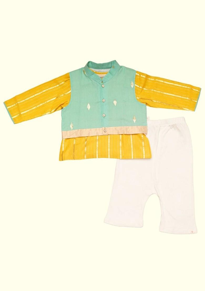 Yellow Woven Design Cotton Kurta Set For Boys - Indya