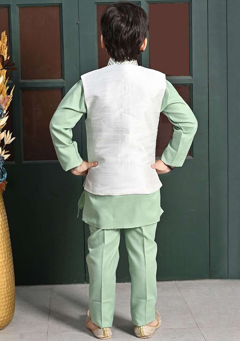 Green Sequinned Blended Kurta Set For Boys - Indya