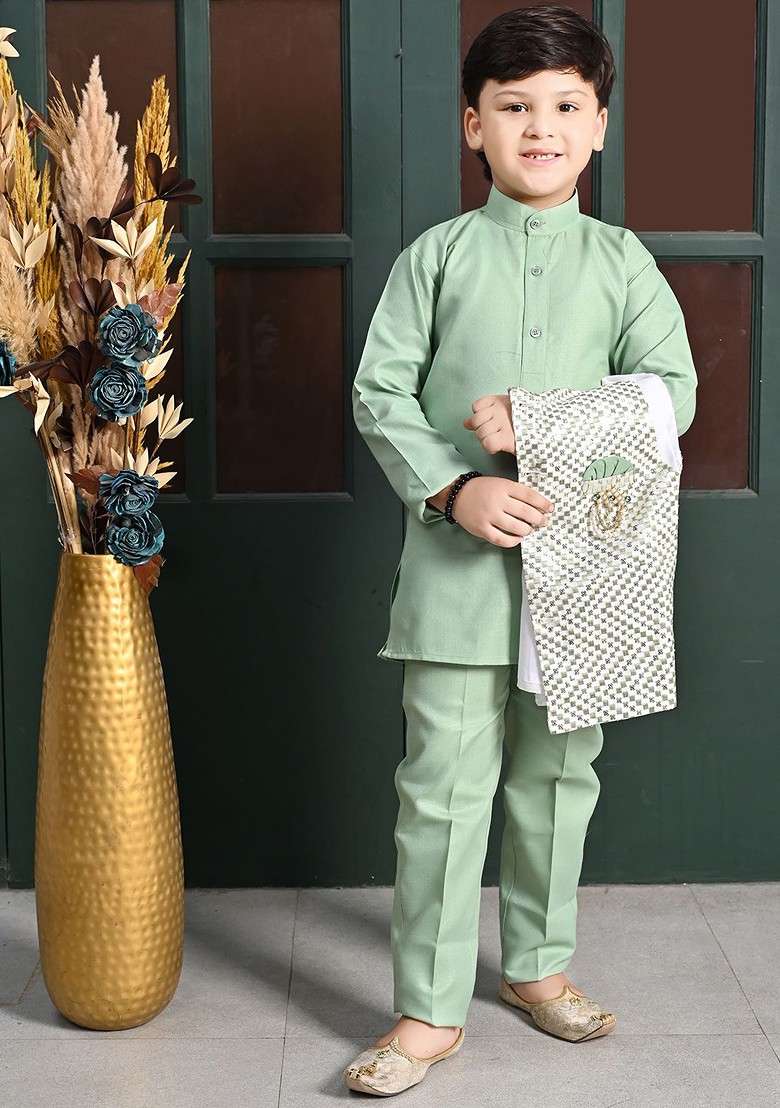 Green Sequinned Blended Kurta Set For Boys - Indya