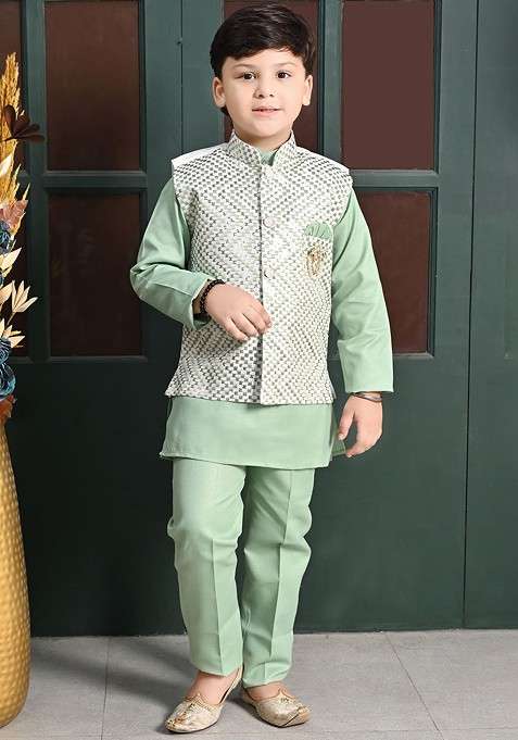 Green Sequinned Blended Kurta Set For Boys