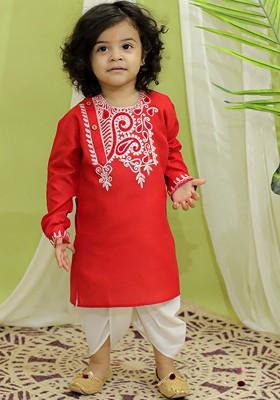 Red Thread Work Cotton Kurta Dhoti Set For Boys