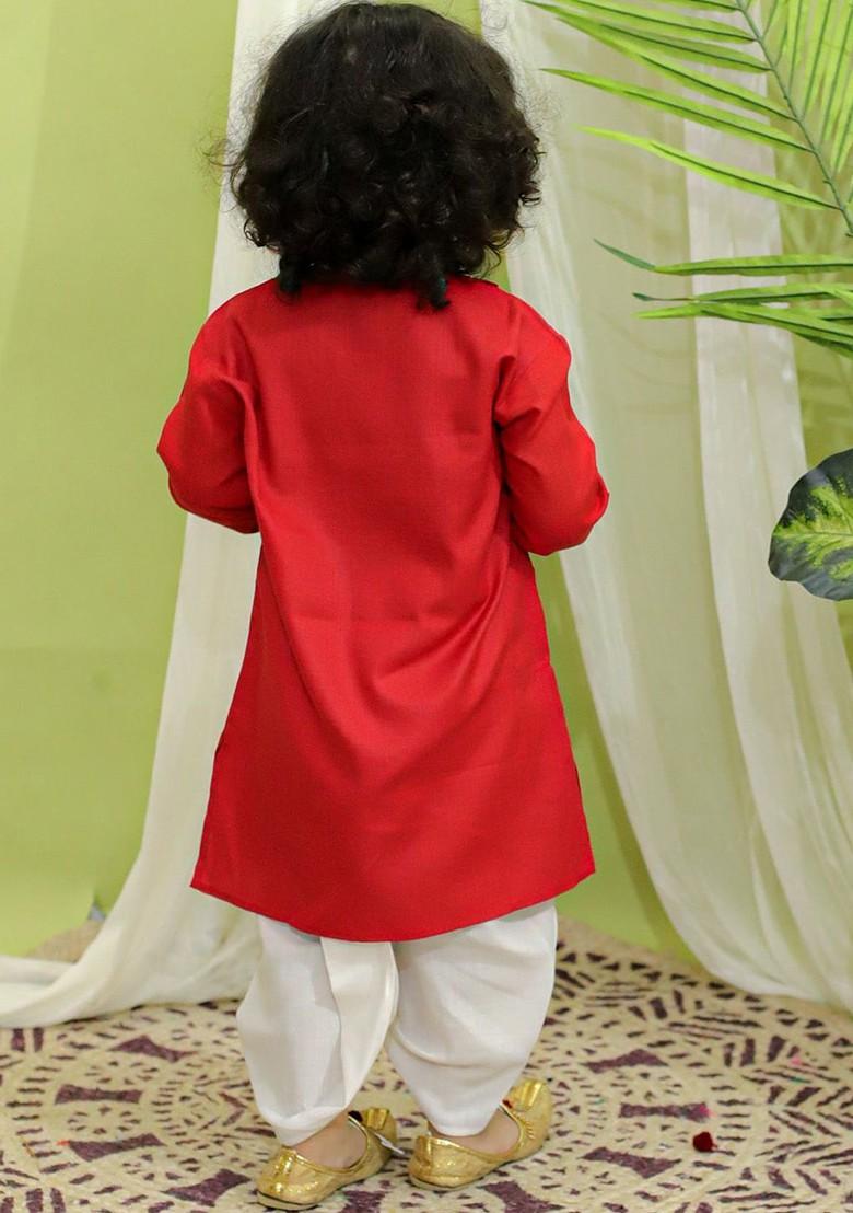 Red Thread Work Cotton Kurta Dhoti Set For Boys - Indya