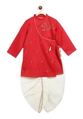 Red Embroidered Cotton Kurta Dhoti Set For Boys