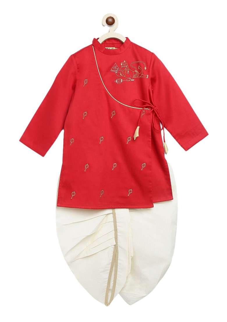 Red Embroidered Cotton Kurta Dhoti Set For Boys - Indya