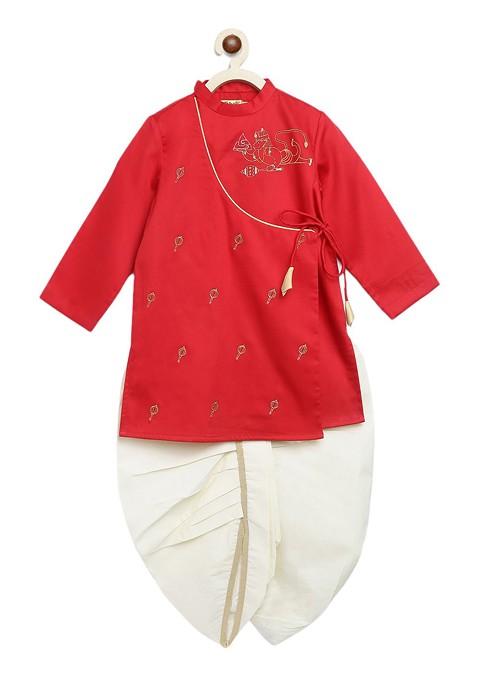 Red Embroidered Cotton Kurta Dhoti Set For Boys — view on Indya