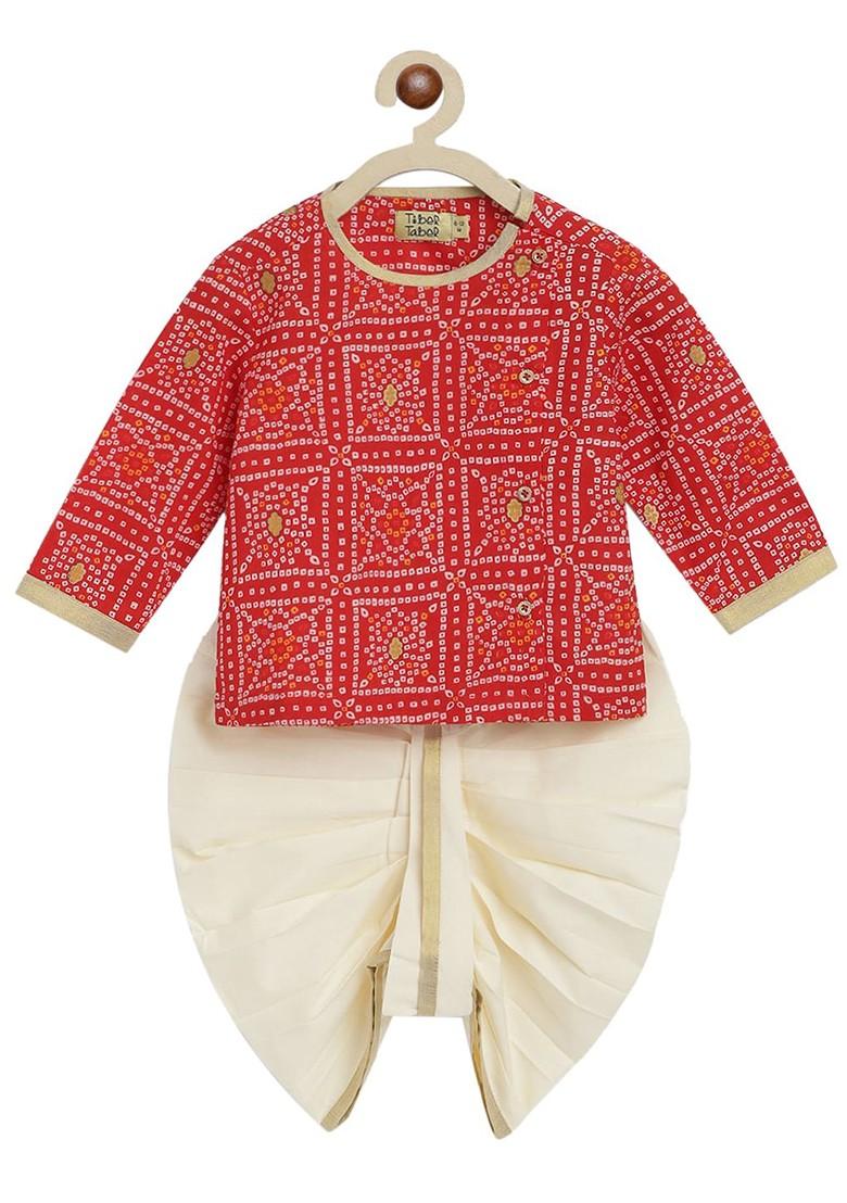 Red Printed Cotton Kurta Dhoti Set For Boys - Indya