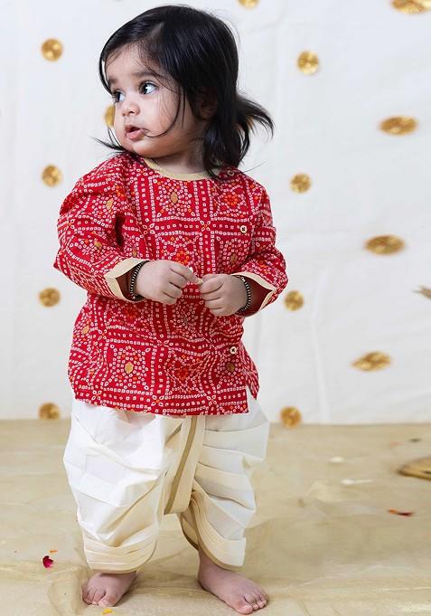 Red Printed Cotton Kurta Dhoti Set For Boys — view on Indya