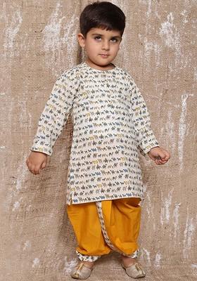 White Printed Cotton Kurta Dhoti Set For Boys