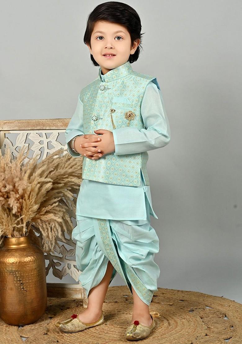 Blue Floral Blended Kurta Dhoti Set For Boys - Indya