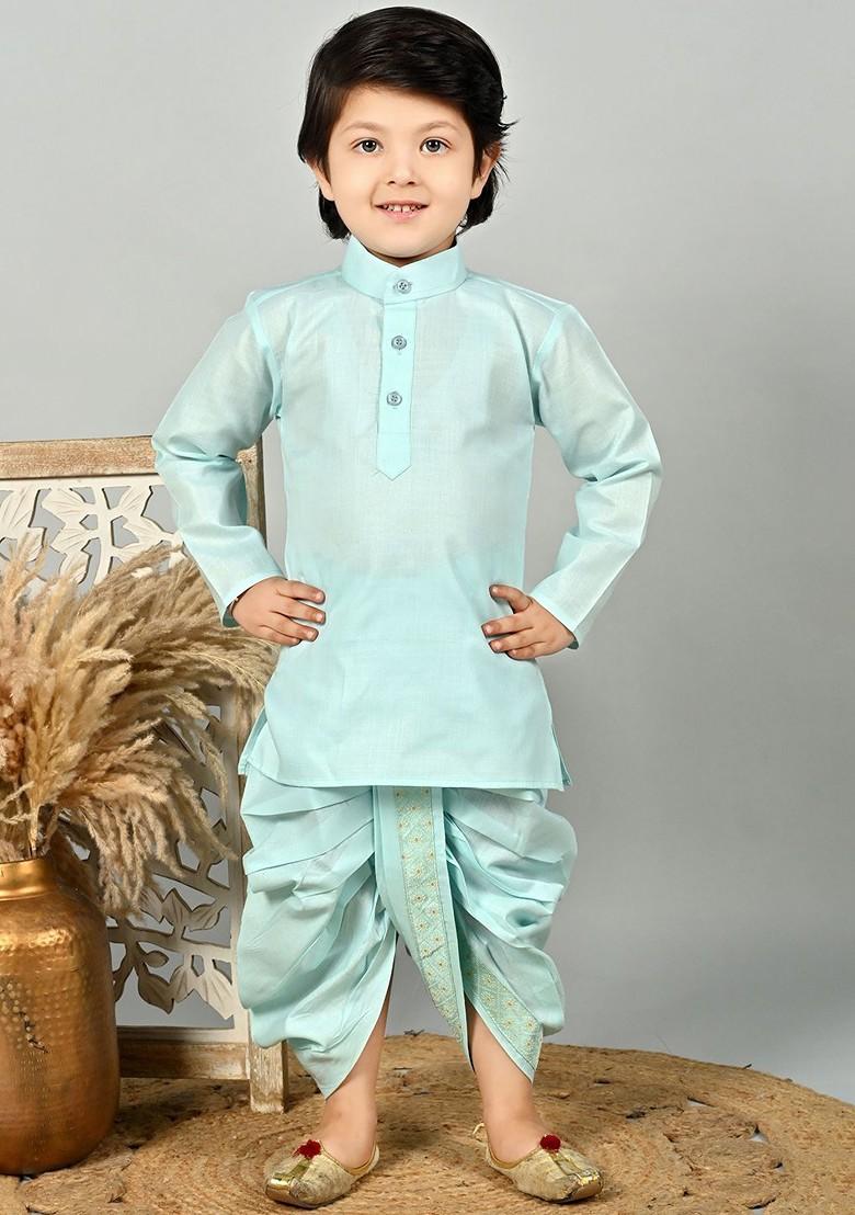Blue Floral Blended Kurta Dhoti Set For Boys - Indya
