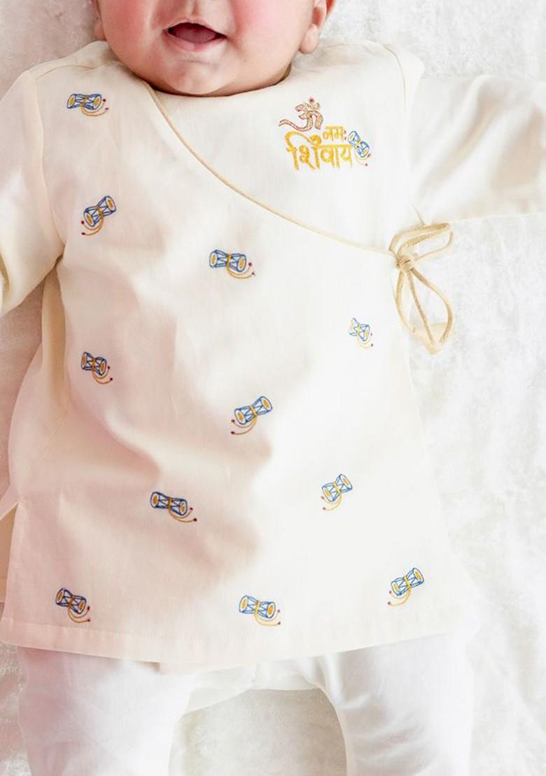 Cream Embroidered Cotton Kurta Set For Boys - Indya