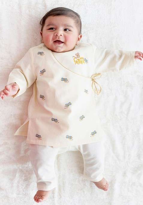 Cream Embroidered Cotton Kurta Set For Boys