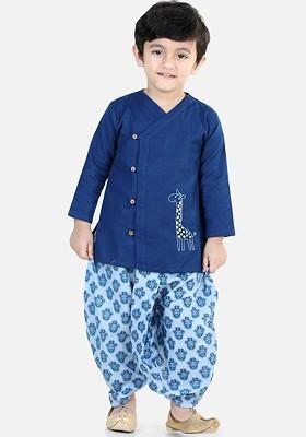 Blue Embroidered Cotton Kurta Dhoti Set For Boys