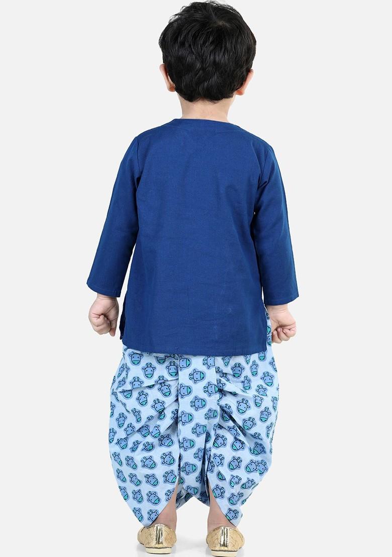 Blue Embroidered Cotton Kurta Dhoti Set For Boys - Indya