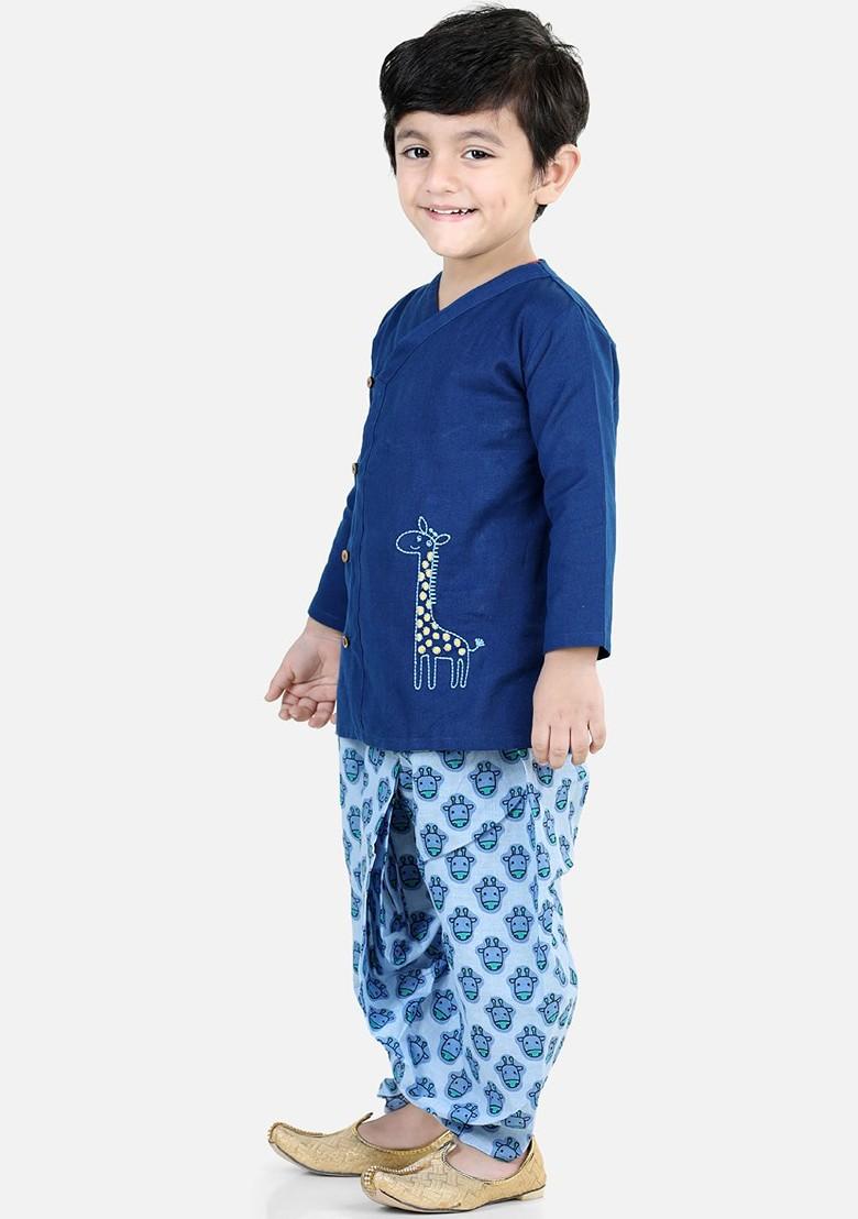 Blue Embroidered Cotton Kurta Dhoti Set For Boys - Indya
