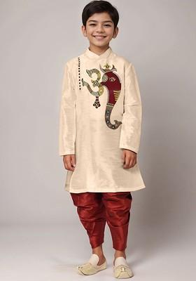 Beige Printed Blended Kurta Dhoti Set For Boys