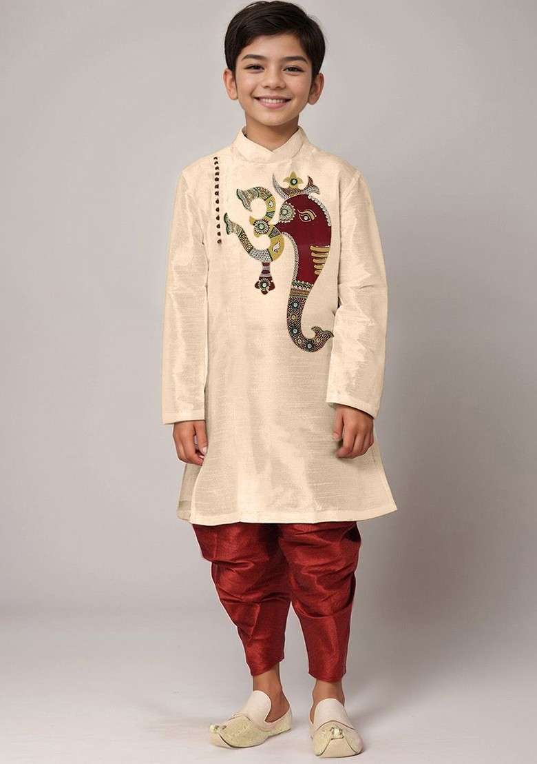 Beige Printed Blended Kurta Dhoti Set For Boys - Indya