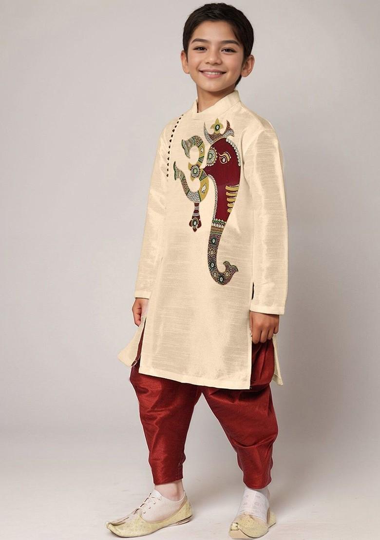 Beige Printed Blended Kurta Dhoti Set For Boys - Indya