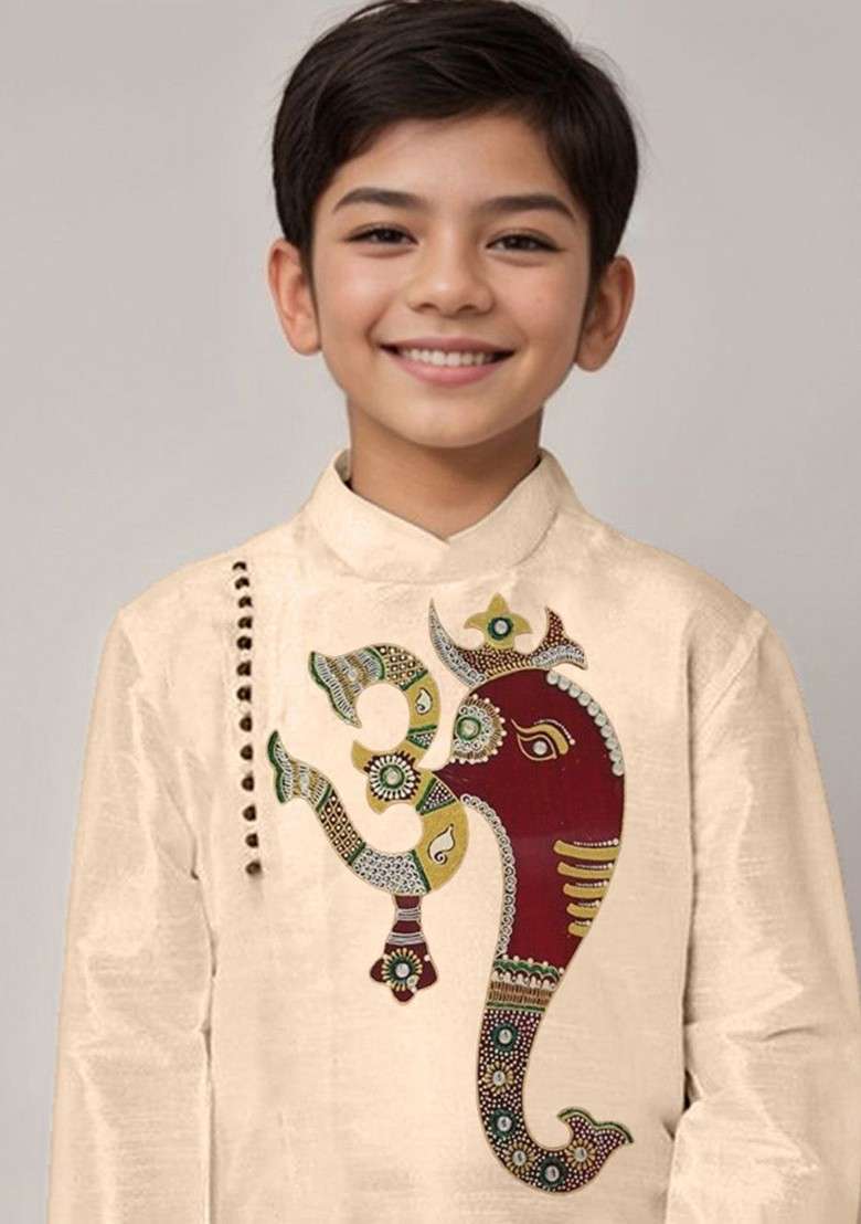 Beige Printed Blended Kurta Dhoti Set For Boys - Indya