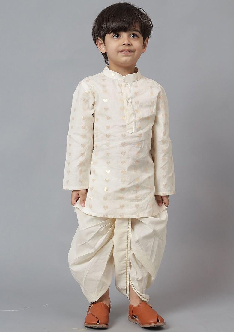 Cream Printed Blended Kurta Dhoti Set For Boys - Indya