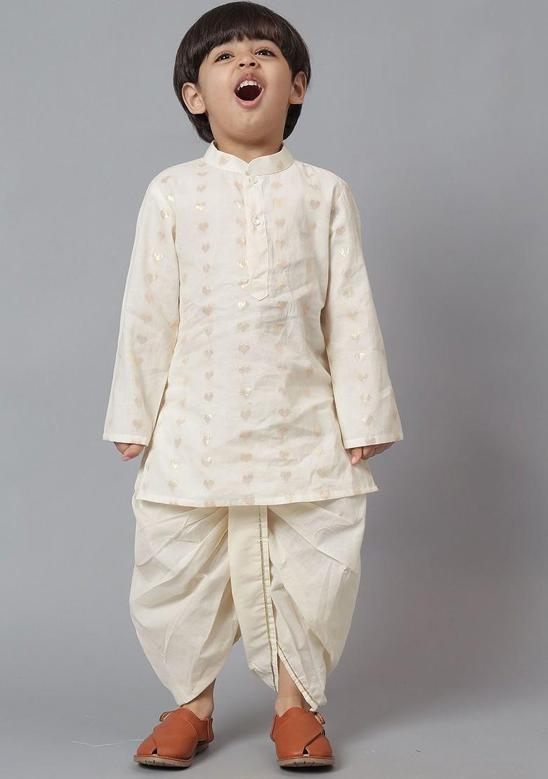 Cream Printed Blended Kurta Dhoti Set For Boys - Indya