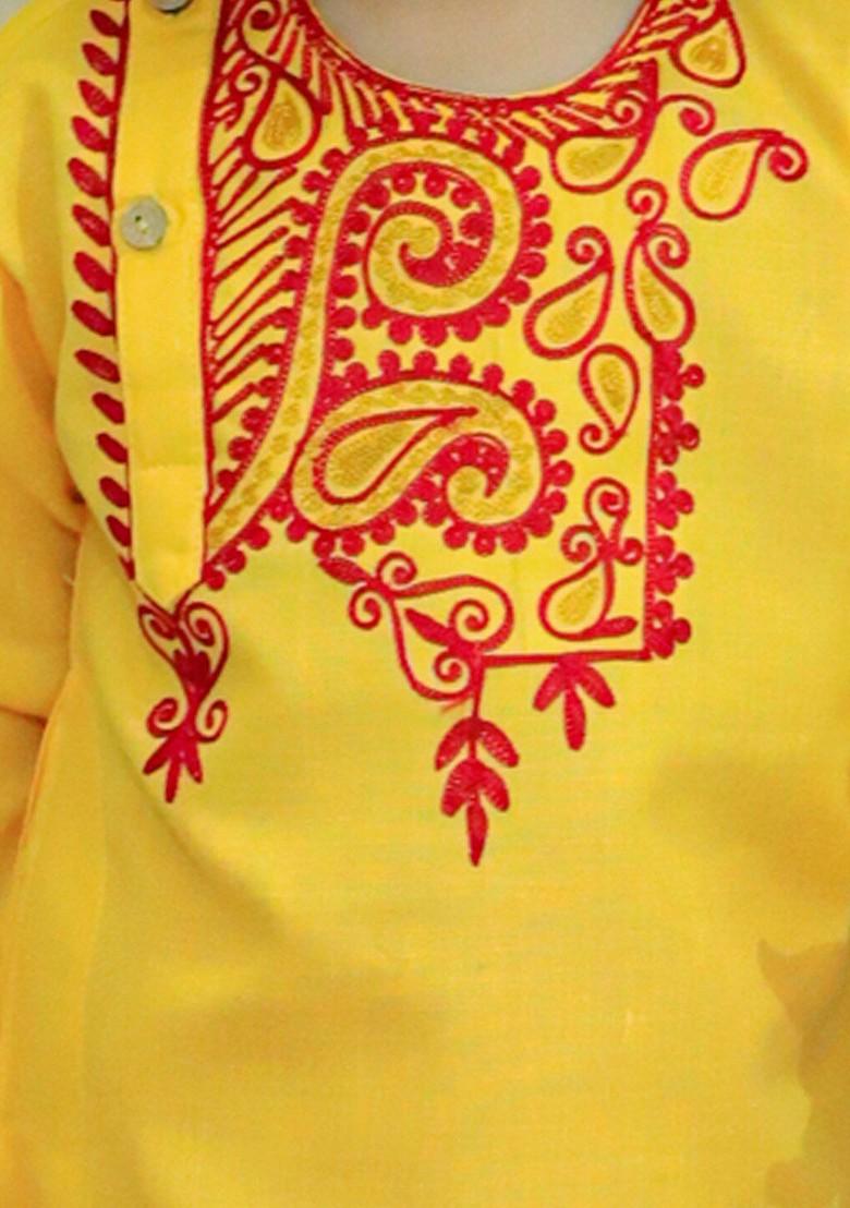 Yellow Embroidered Cotton Kurta Dhoti Set For Boys - Indya