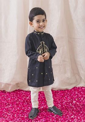 Black Embroidered Cotton Kurta Set For Boys