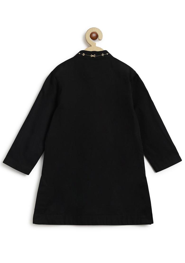 Black Embroidered Cotton Kurta Set For Boys - Indya