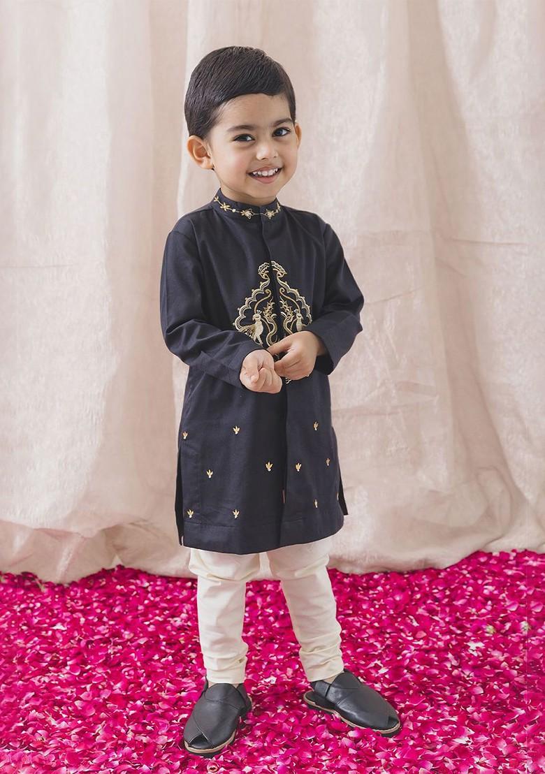 Black Embroidered Cotton Kurta Set For Boys - Indya