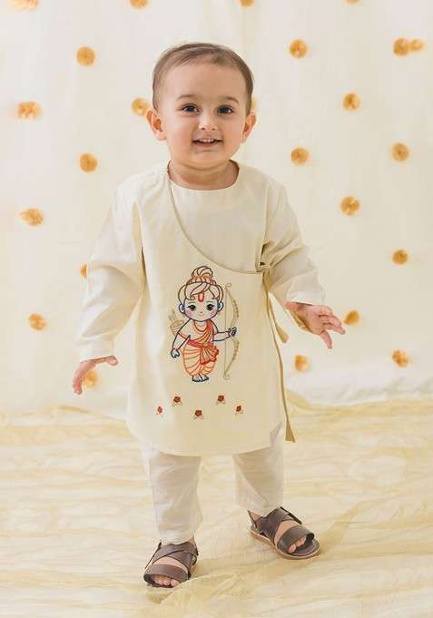 Cream Embroidered Cotton Kurta Set For Boys