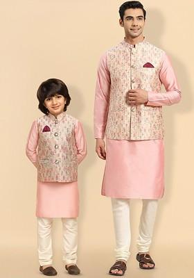 Peach Printed Blended Kurta Set For Boys