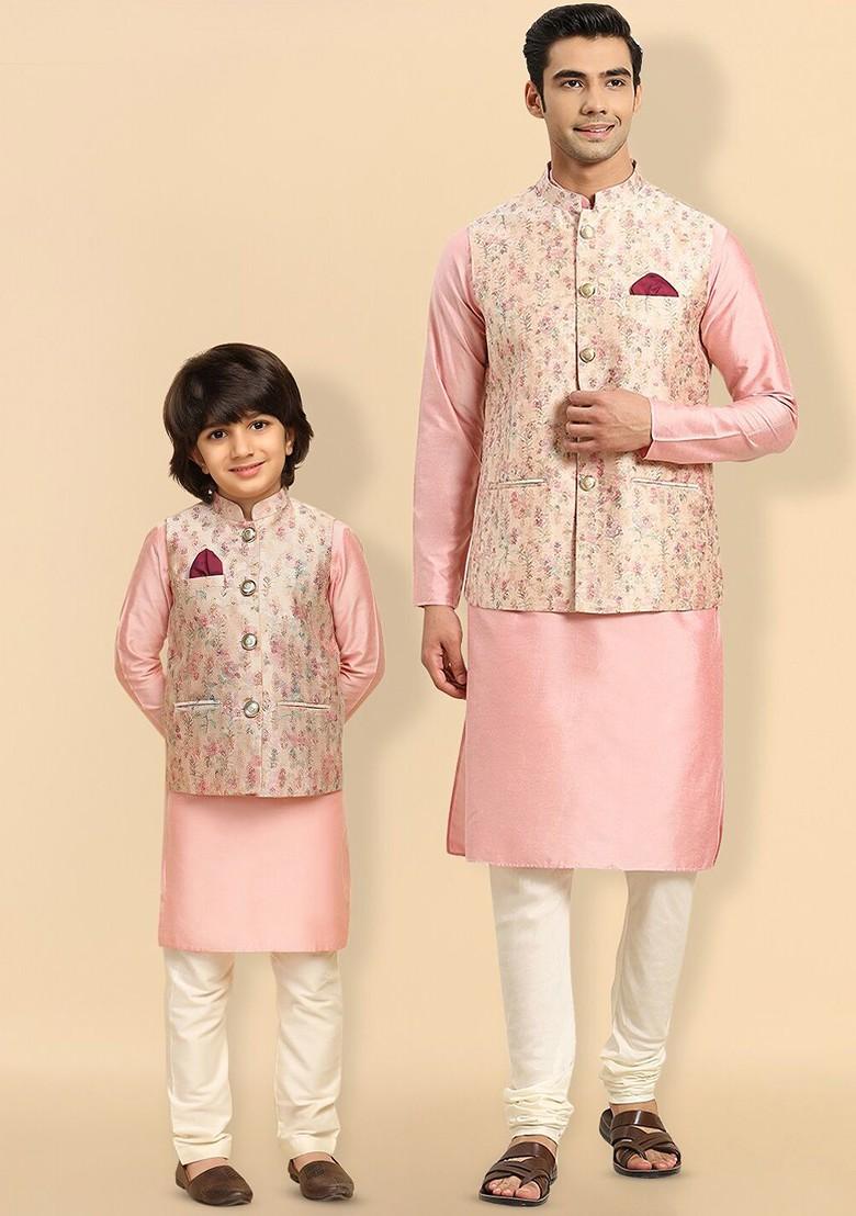Peach Printed Blended Kurta Set For Boys - Indya