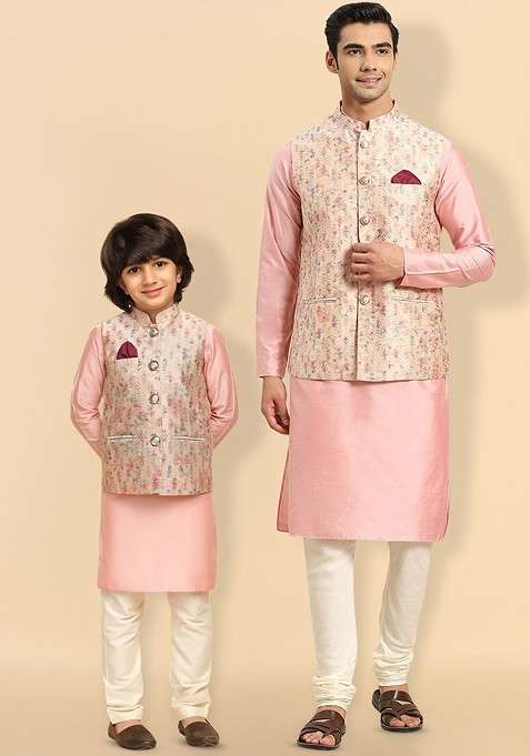 Peach Printed Blended Kurta Set For Boys