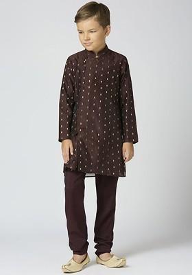 Brown Woven Design Cotton Kurta Set For Boys