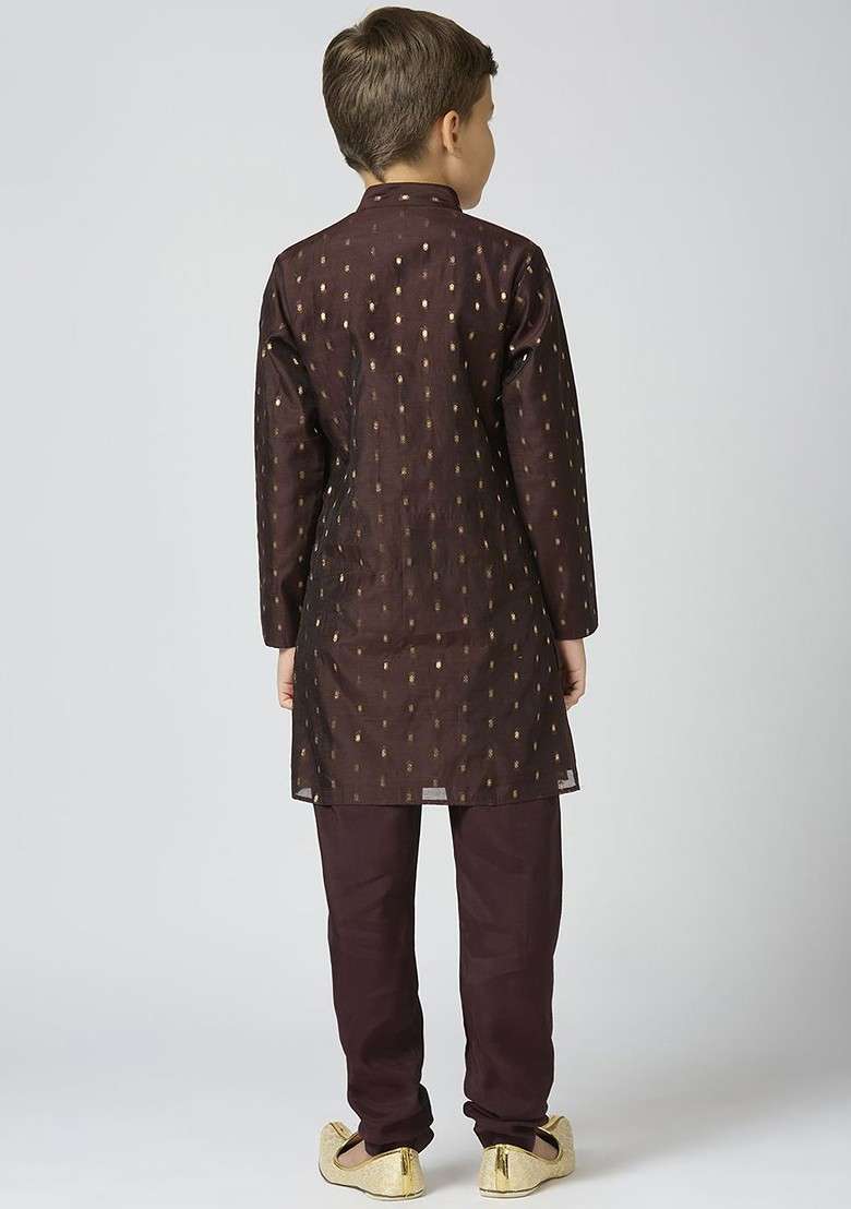 Brown Woven Design Cotton Kurta Set For Boys - Indya