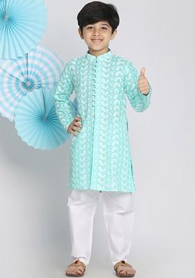 Green Embroidered Cotton Kurta Set For Boys