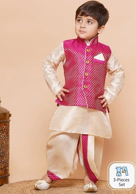 Cream Embroidered Silk Nehru Jacket Set For Boys