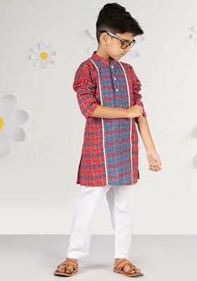 Red Printed Cotton Kurta Set For Boys
