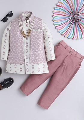 Pink Printed Silk Kurta Set For Boys