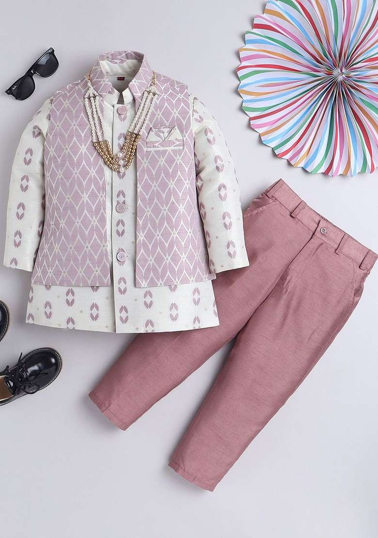 Pink Printed Silk Kurta Set For Boys - Indya