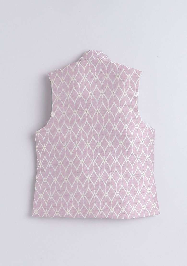 Pink Printed Silk Kurta Set For Boys - Indya