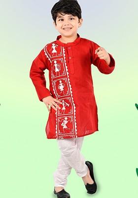 Red Printed Blended Kurta Set For Boys