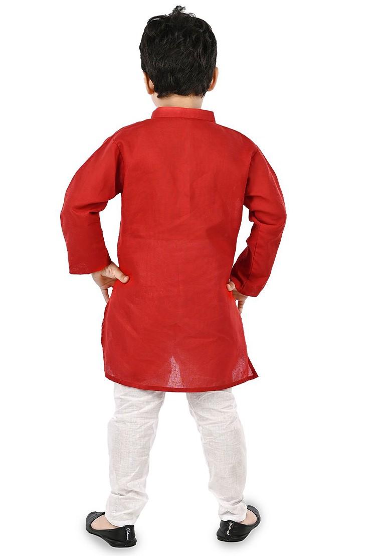 Red Printed Blended Kurta Set For Boys - Indya