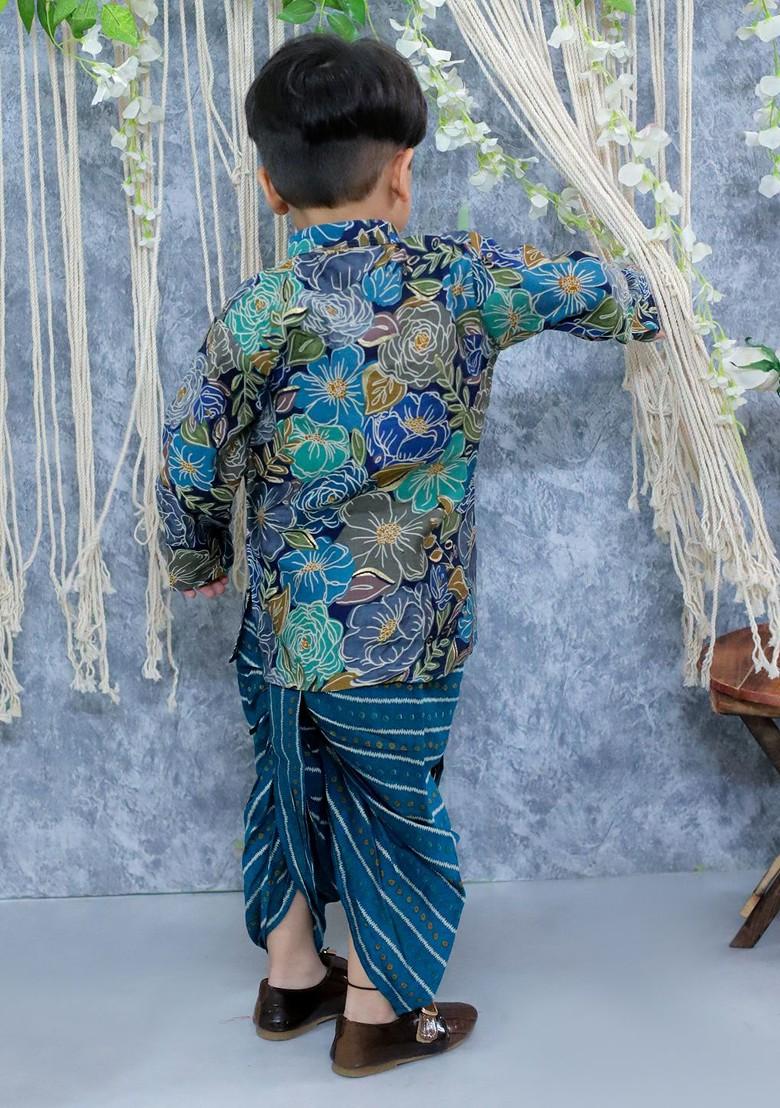 Blue Printed Blended Kurta Dhoti Set For Boys - Indya