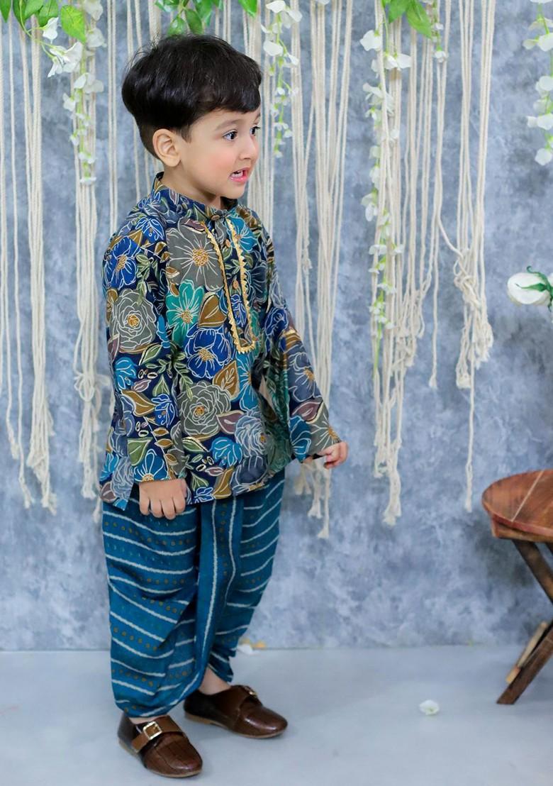 Blue Printed Blended Kurta Dhoti Set For Boys - Indya