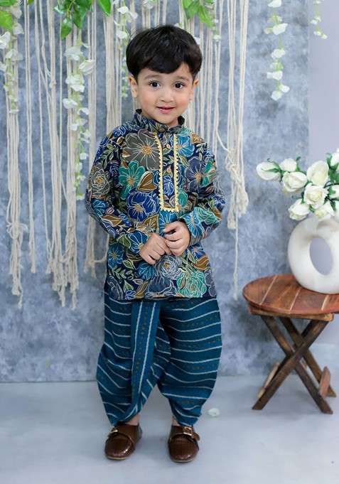 Blue Printed Blended Kurta Dhoti Set For Boys