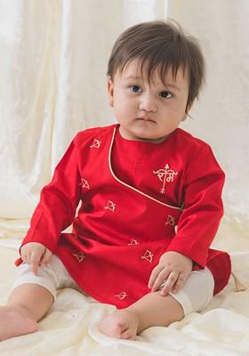 Red Embroidered Cotton Kurta Set For Boys