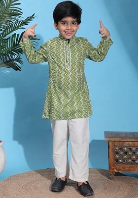 Green Printed Blended Kurta Set For Boys
