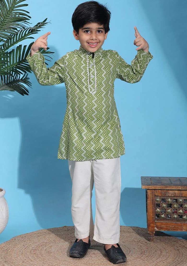 Green Printed Blended Kurta Set For Boys - Indya