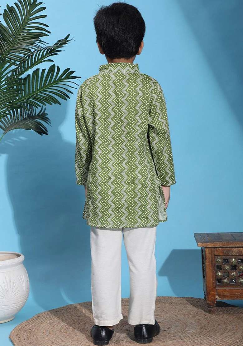Green Printed Blended Kurta Set For Boys - Indya